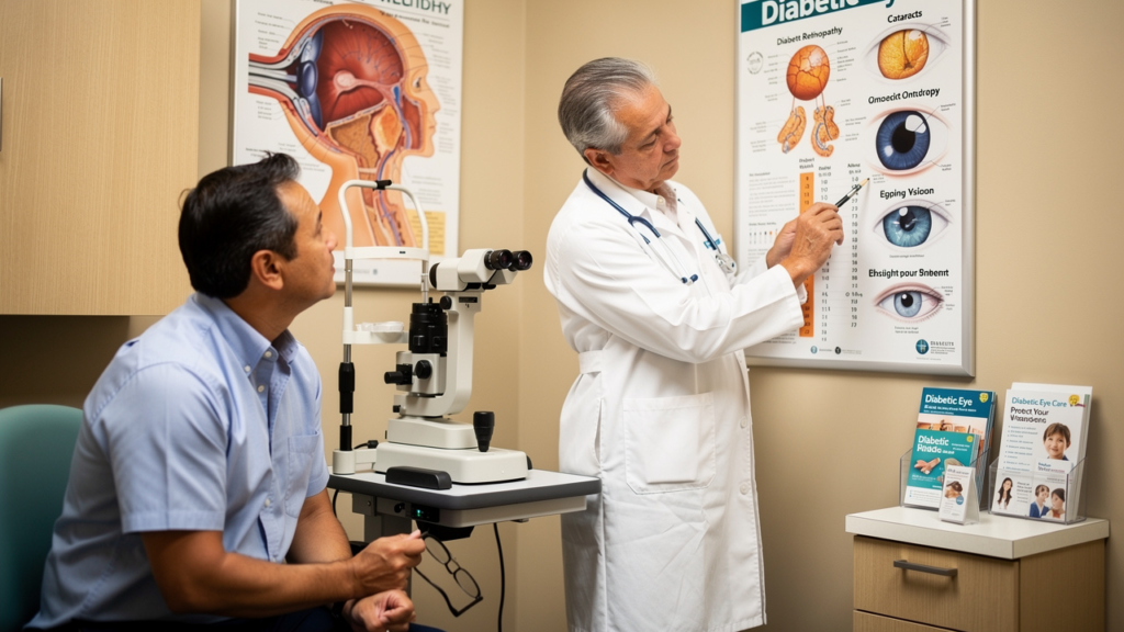 image of a diabetic eye care management specialist talking to his patient